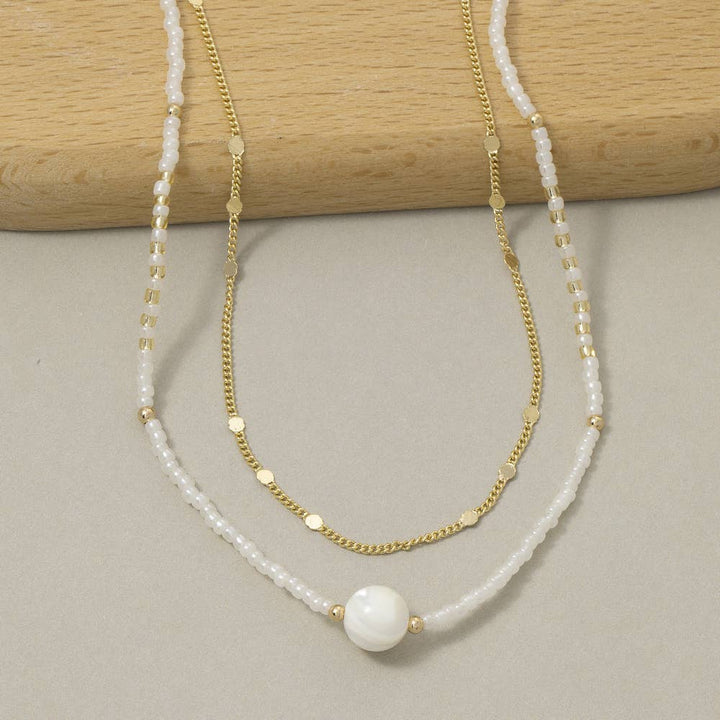 Double Strand Seed Bead And Pearl Station Necklace