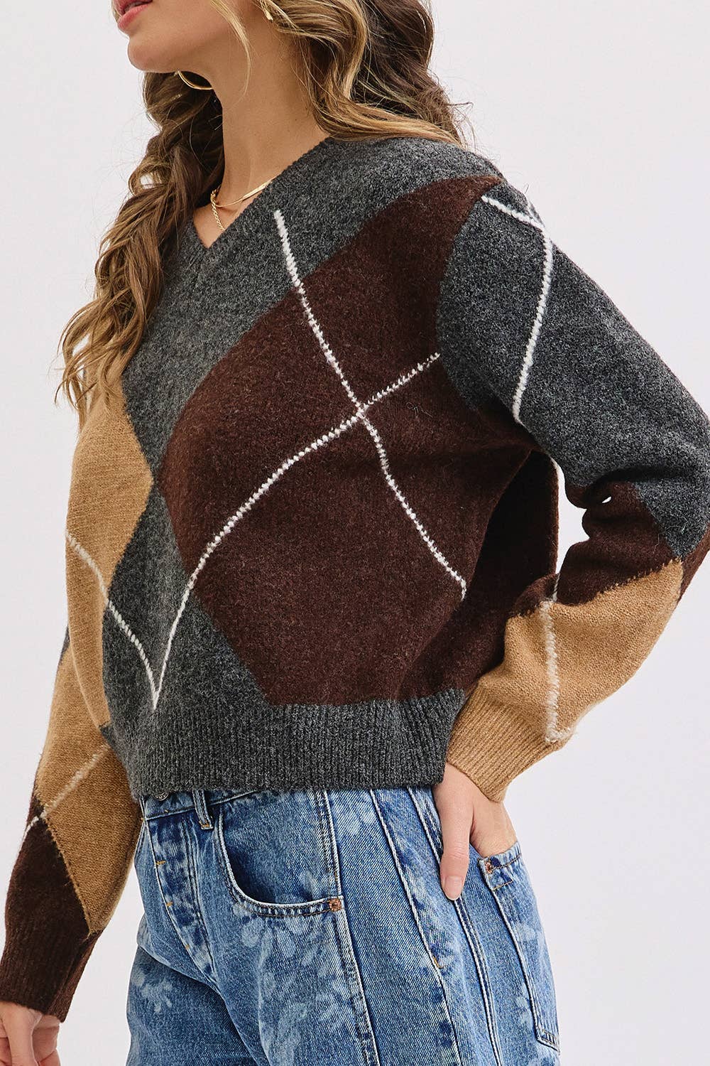 Charcoal Wine Camel  V-Neck Argyle Sweater
