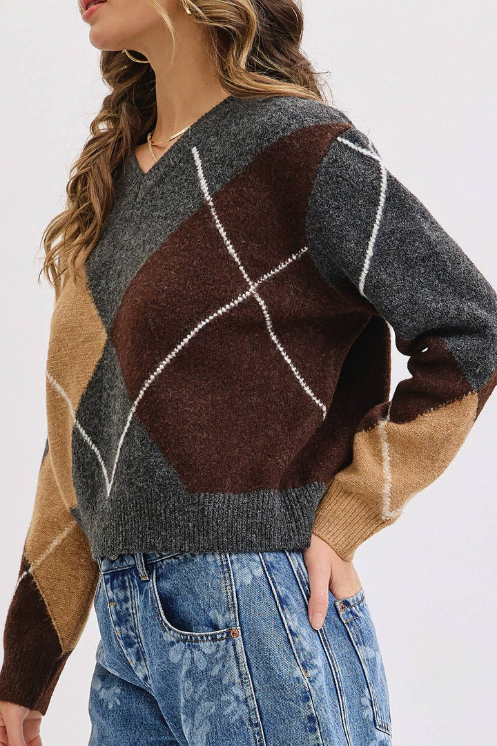 Charcoal Wine Camel  V-Neck Argyle Sweater