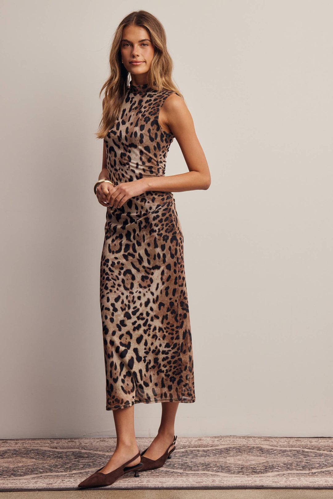 Leopard Print Power Mesh Midi Dress