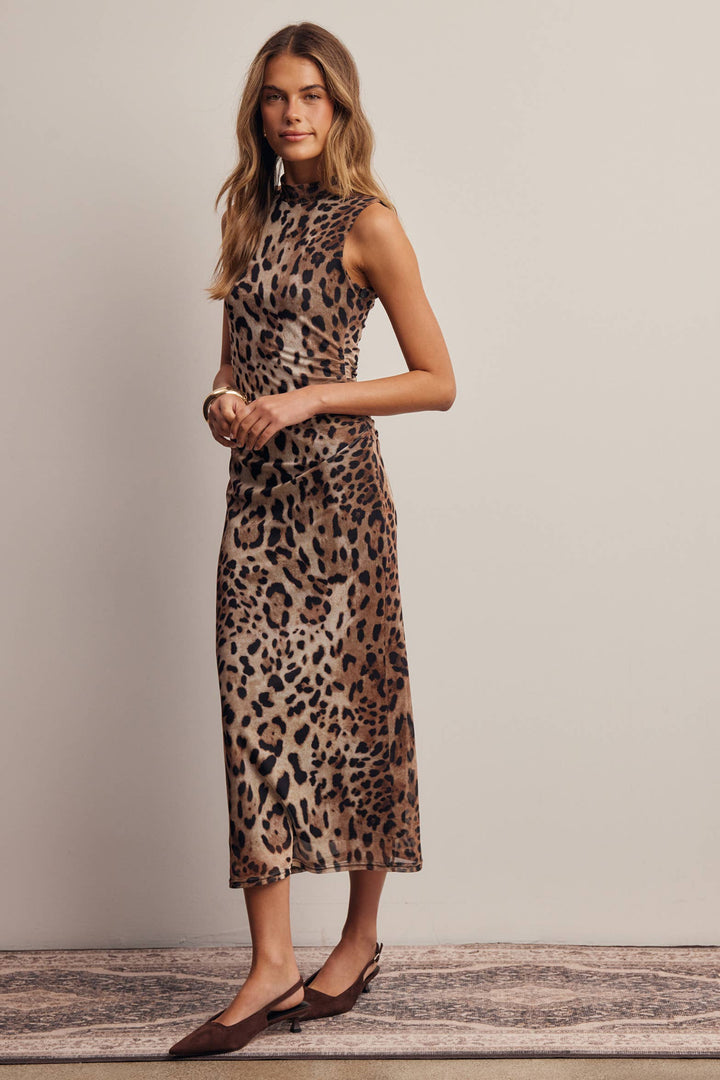Leopard Print Power Mesh Midi Dress