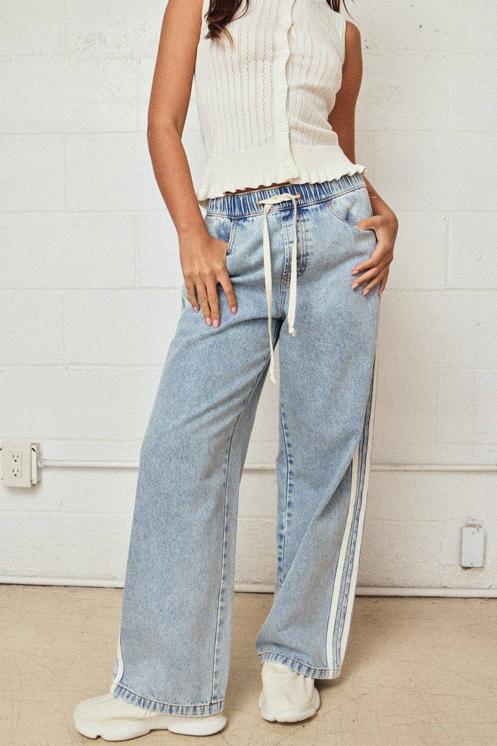 Double Stripe Wide Leg Denim Pants Relaxed Fit