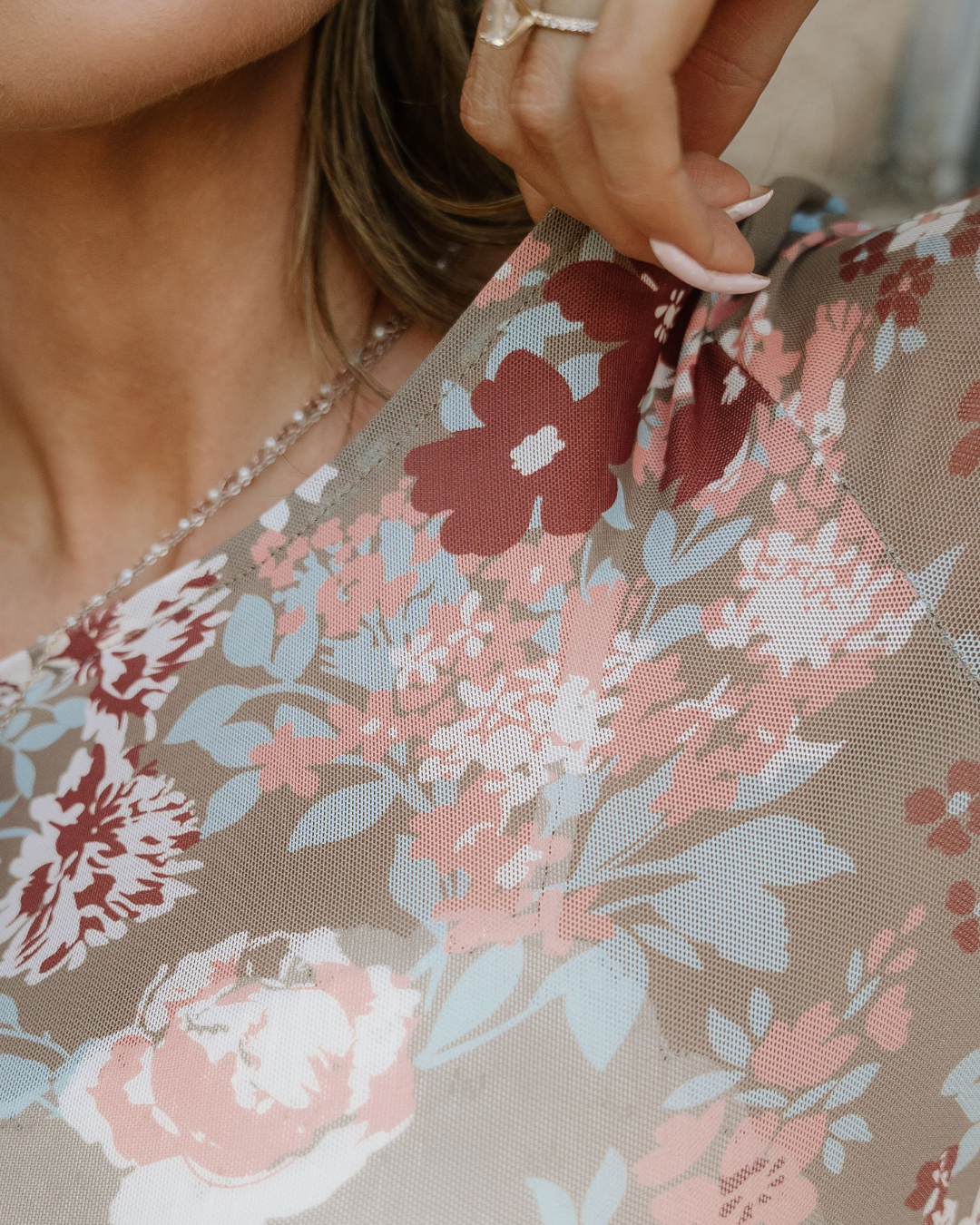 Green Floral Print Mesh Long Sleeve Top