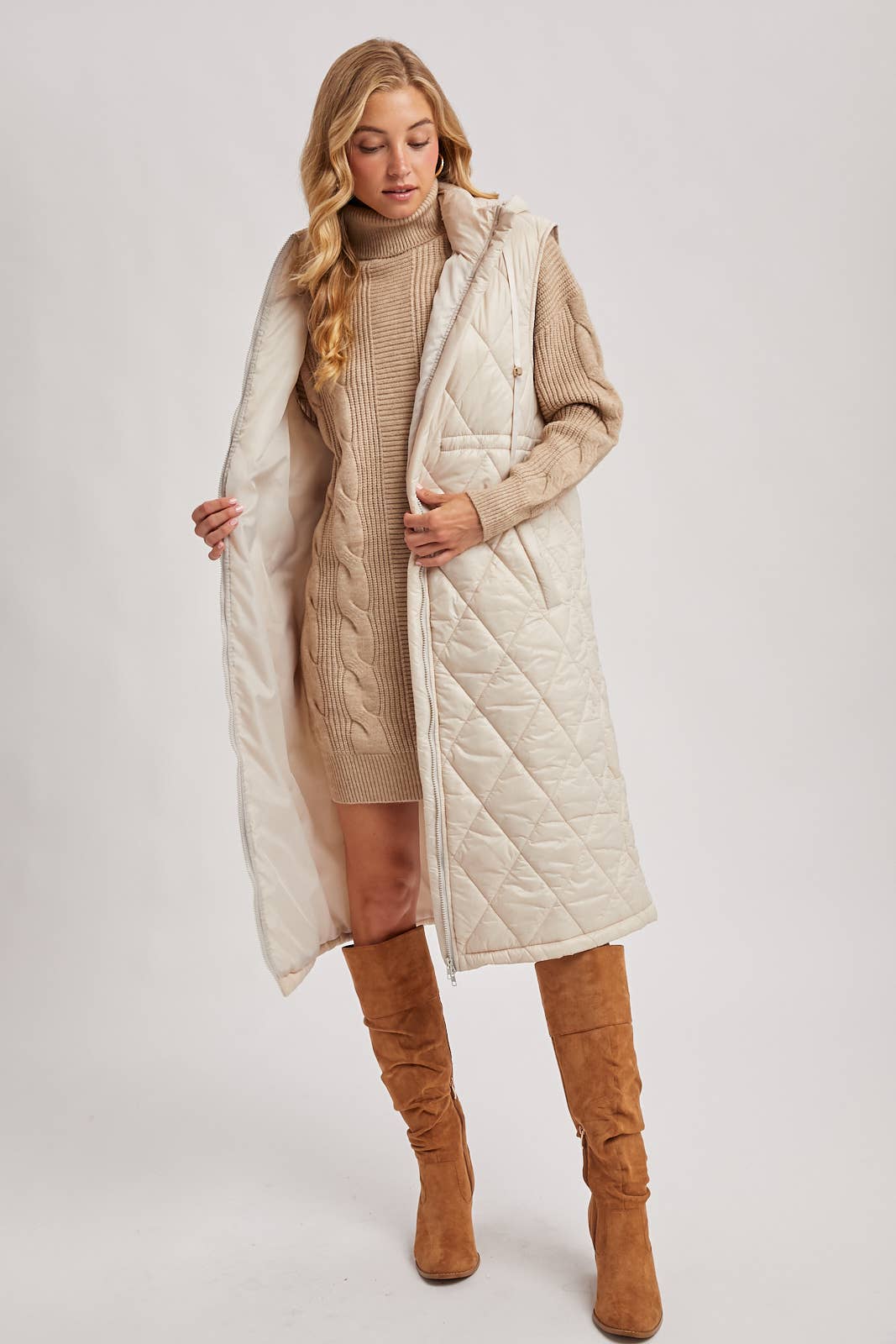 Quilt Puffer Long Hooded Vest