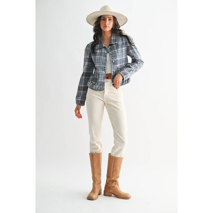 Blue Denim Plaid Button-Front Jacket