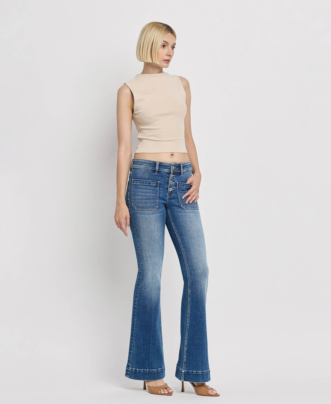 Mid Rise Patch Pocket  Flare Jean