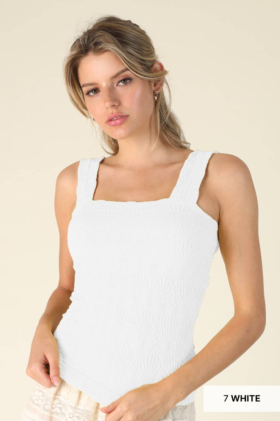 White Lace Textured Square Tank Top