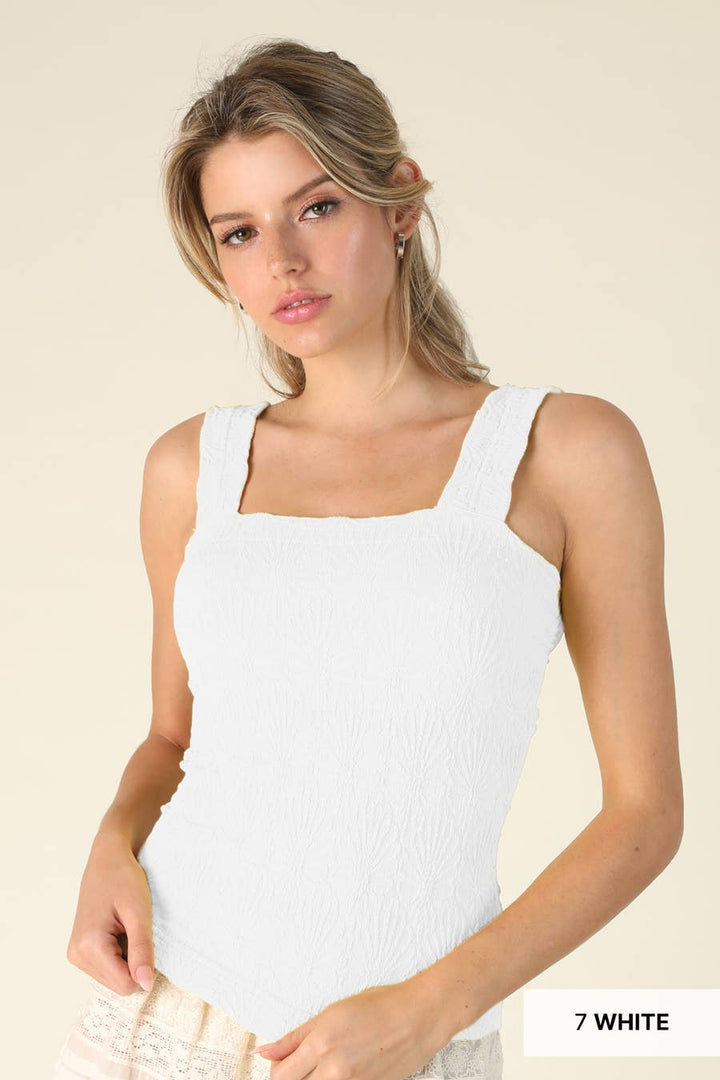 White Lace Textured Square Tank Top