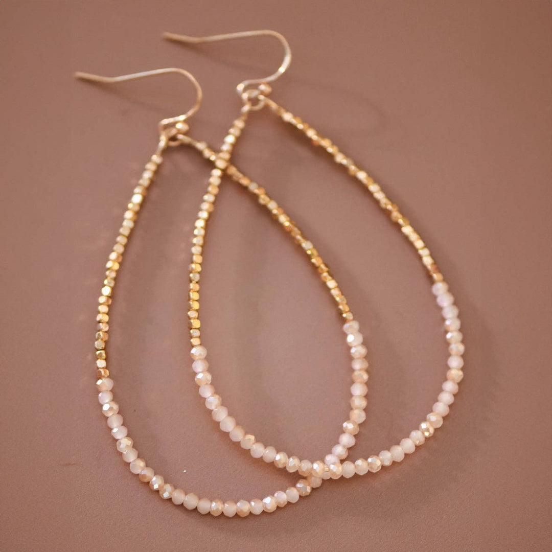 Pink Gold Beaded Hollow Drop Earrings with Glass Beads