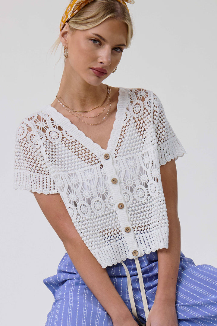 Crochet Scallop Edge Button Down Cardigan