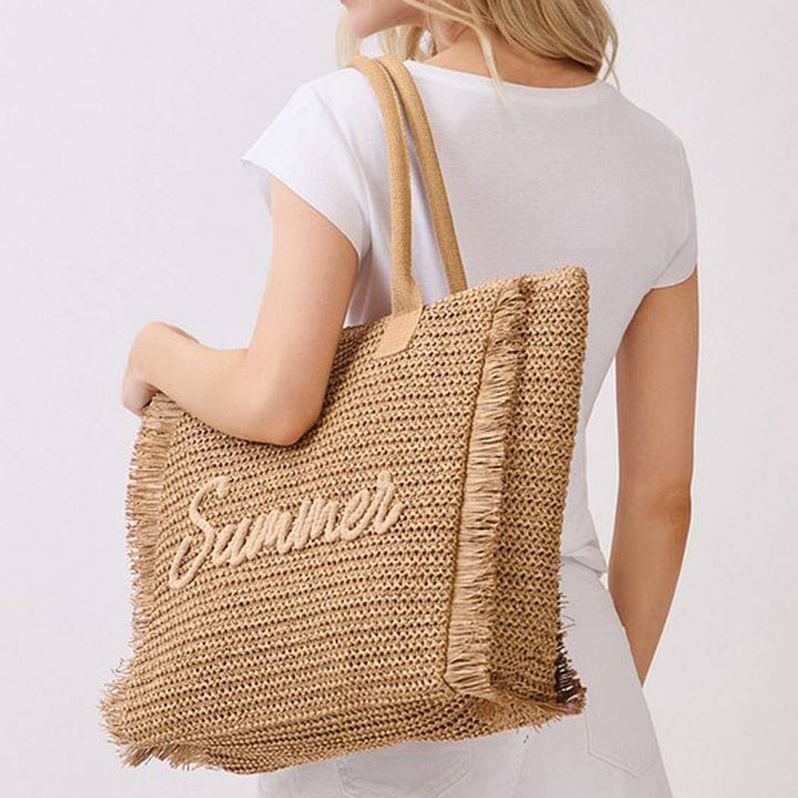 Woven Straw Fringe Tote With Summer Embroidery