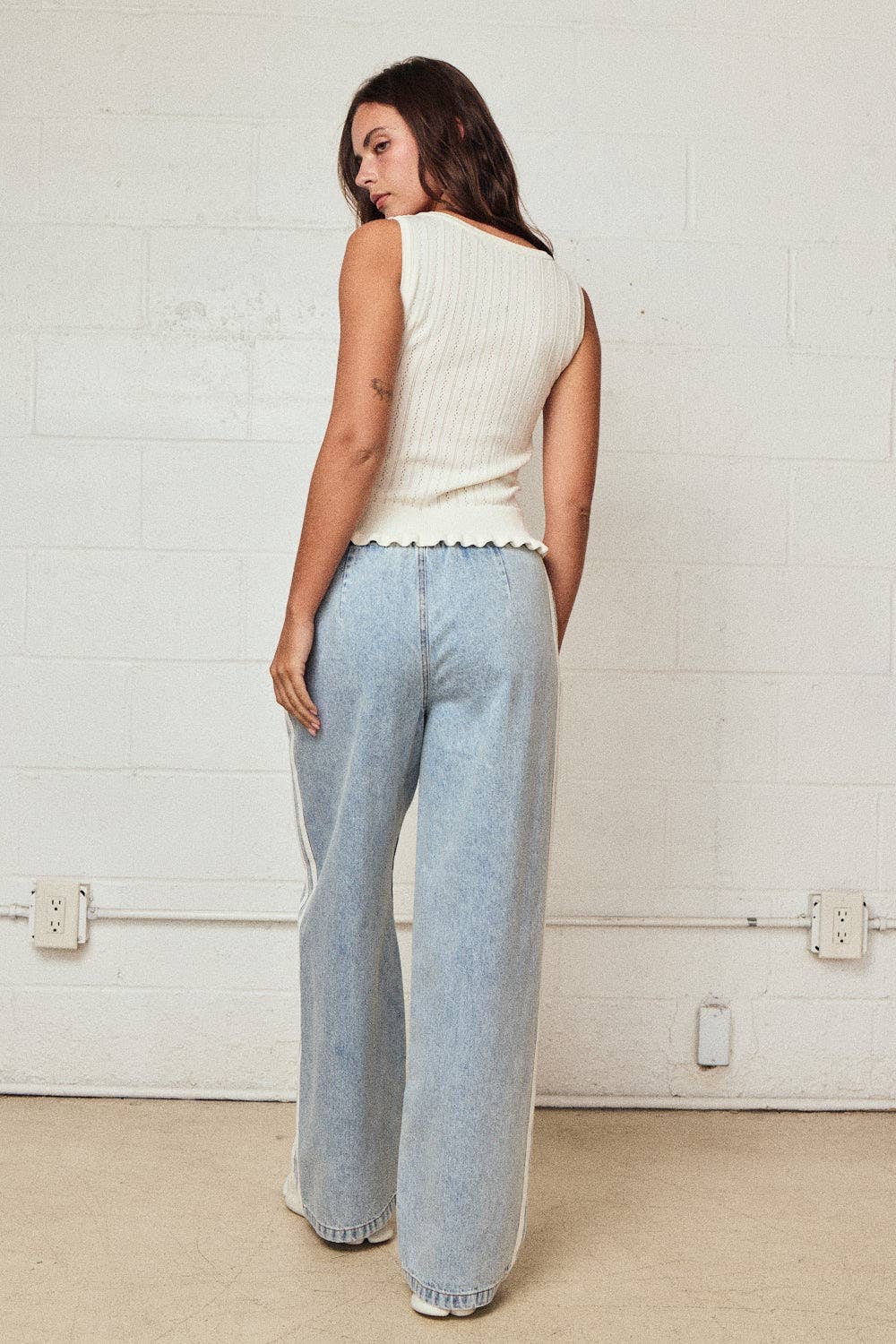 Double Stripe Wide Leg Denim Pants Relaxed Fit