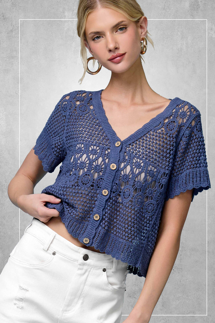 Crochet Scallop Edge Button Down Cardigan