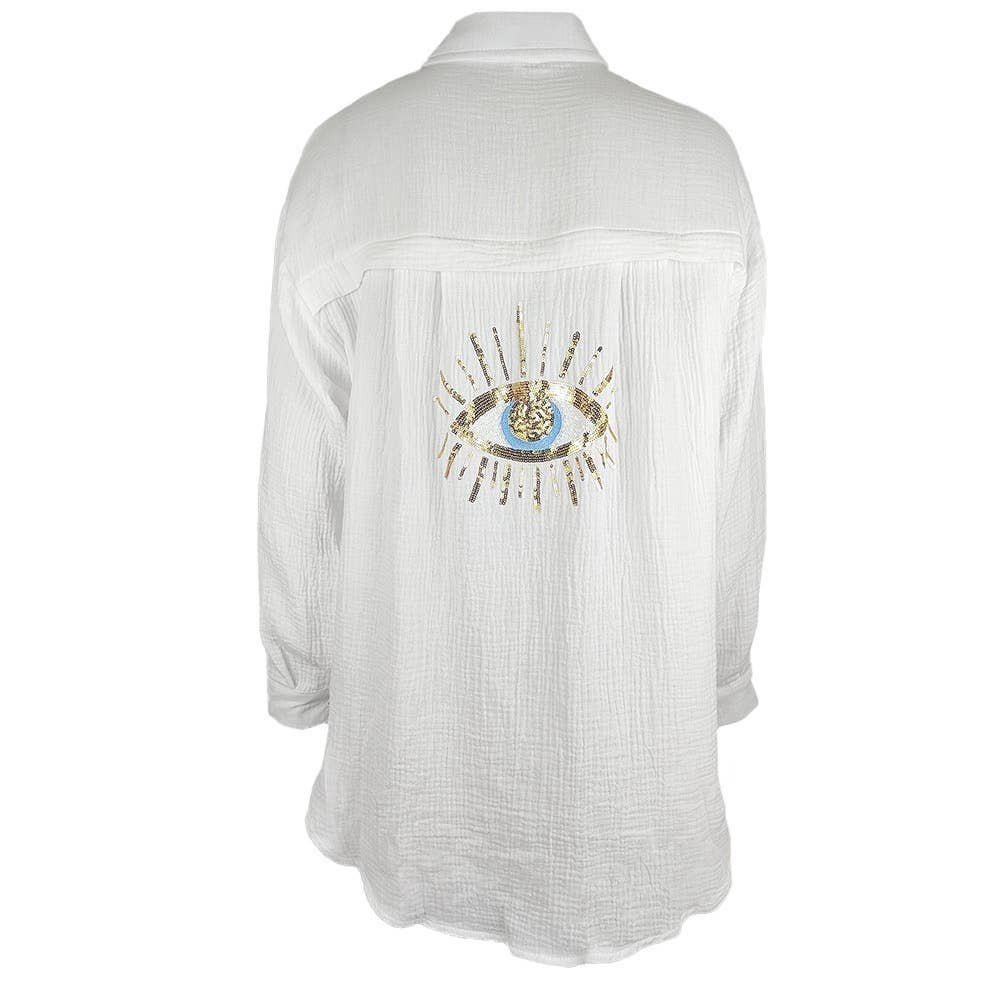 White Gauze Button-Down Coverup with Eye Design
