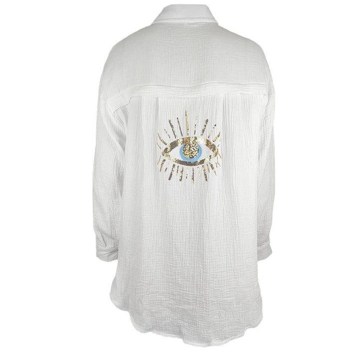White Gauze Button-Down Coverup with Eye Design