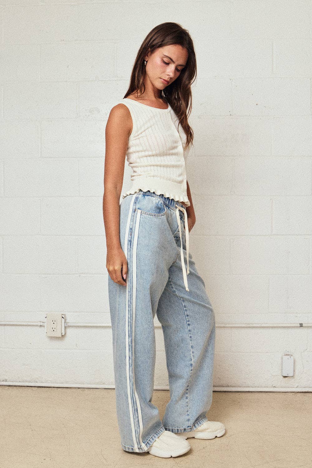 Double Stripe Wide Leg Denim Pants Relaxed Fit