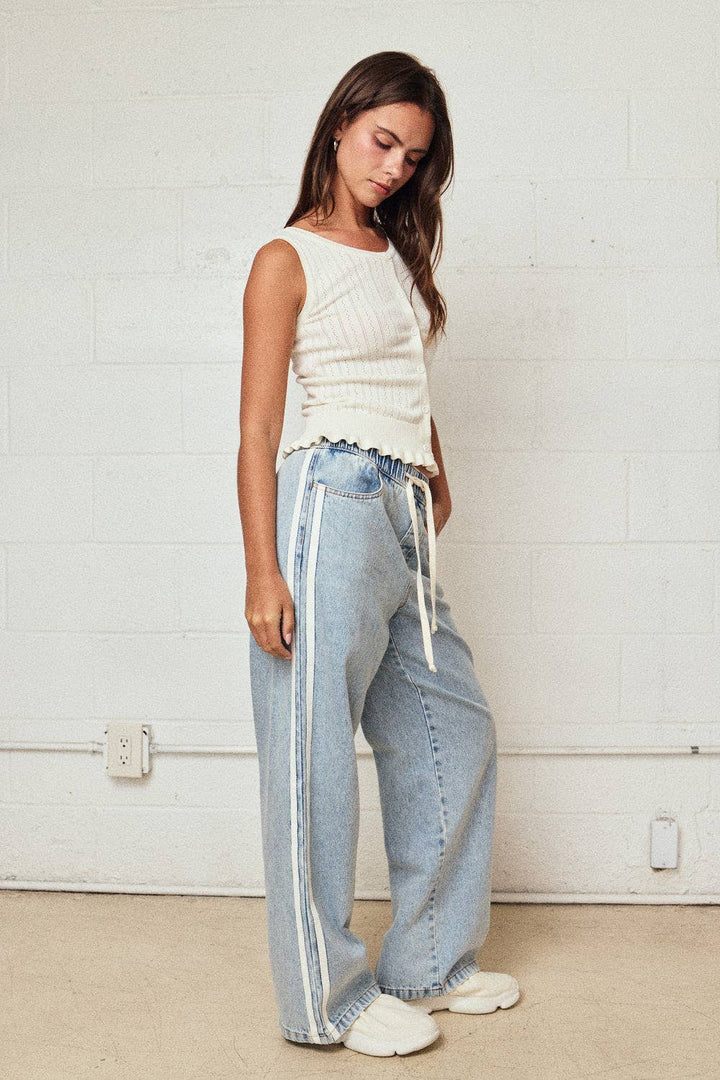 Double Stripe Wide Leg Denim Pants Relaxed Fit
