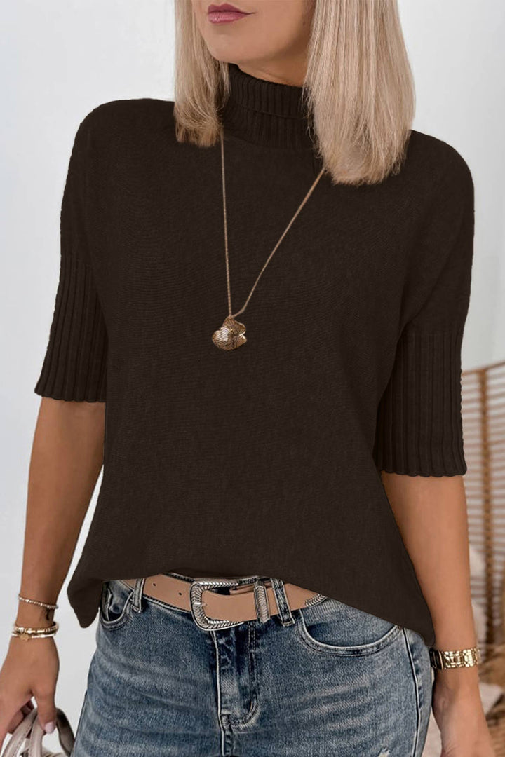 Tan  Ribbed High Neck Short Sleeve Sweater