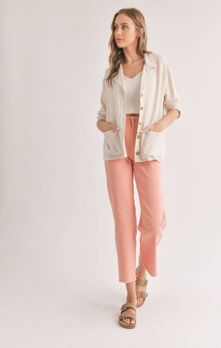Linen Blend Jacket With Pockets: OATMEAL