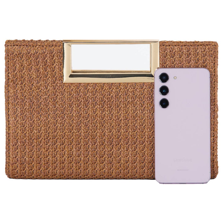 Tan Top Handle Straw Clutch