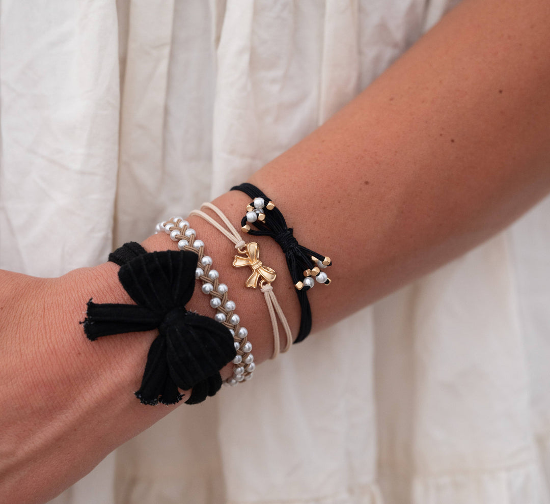 "Harmony" Bows, Pearls, Black & Gold Hair Tie Bracelets