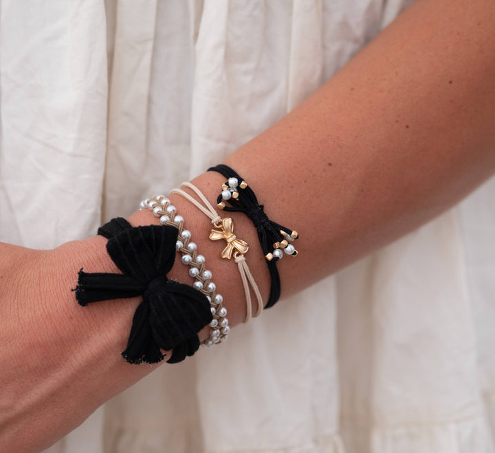 "Harmony" Bows, Pearls, Black & Gold Hair Tie Bracelets