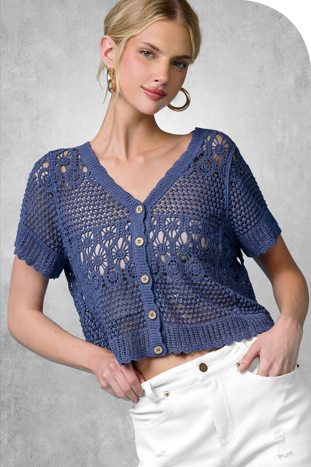 Crochet Scallop Edge Button Down Cardigan