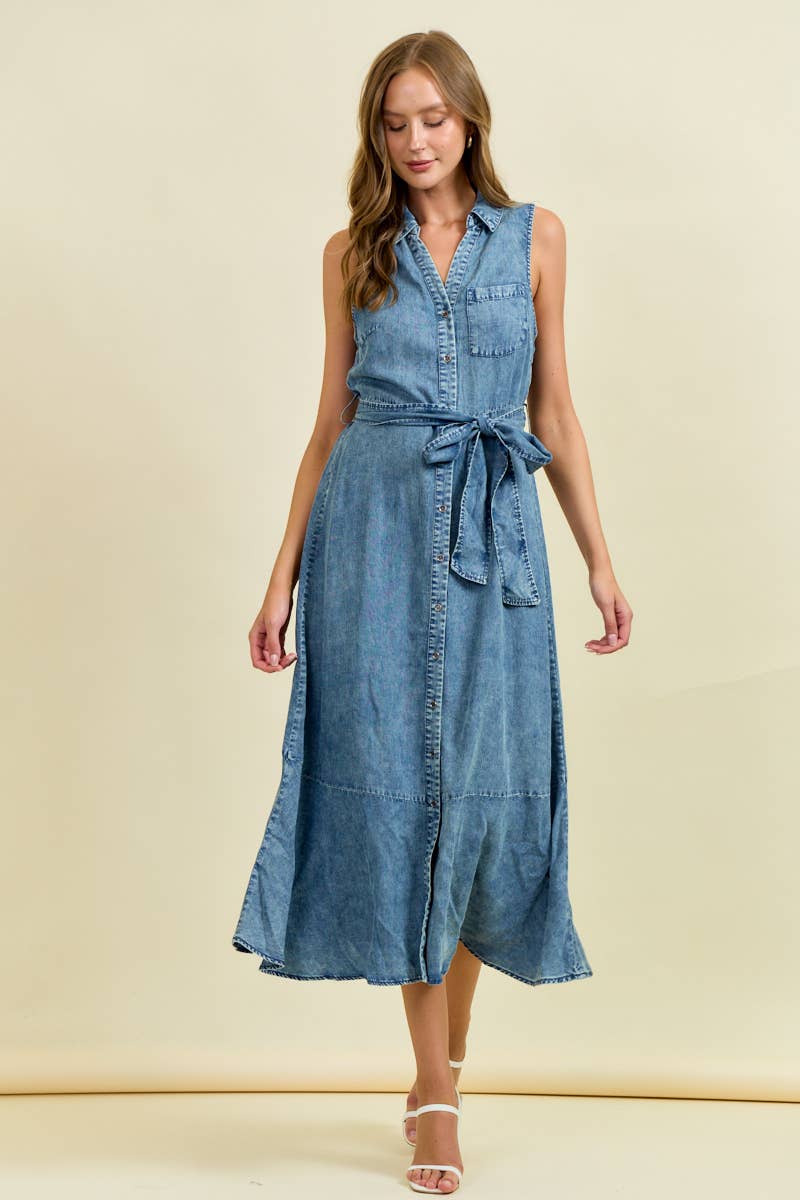 Denim Look Midi Dress with Tie Belt