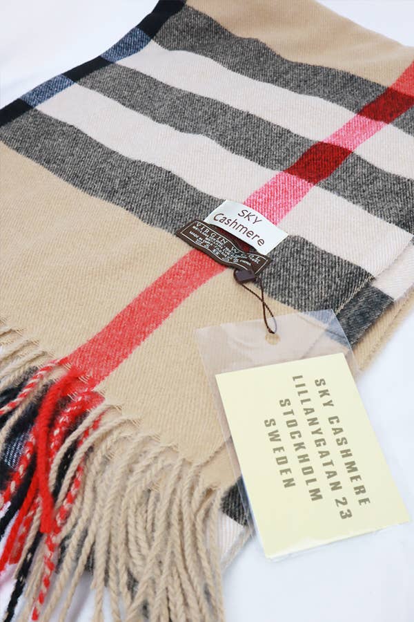 Camel Wool Plaid Cashmere Scarf With Tassel