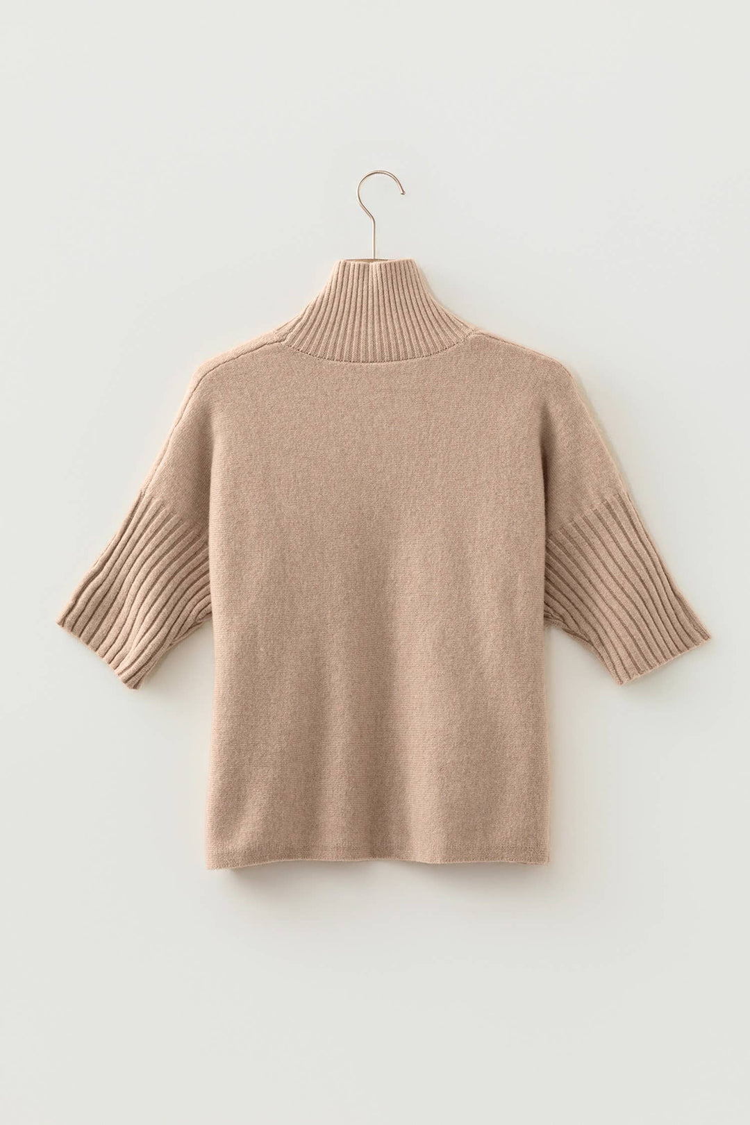 Tan  Ribbed High Neck Short Sleeve Sweater