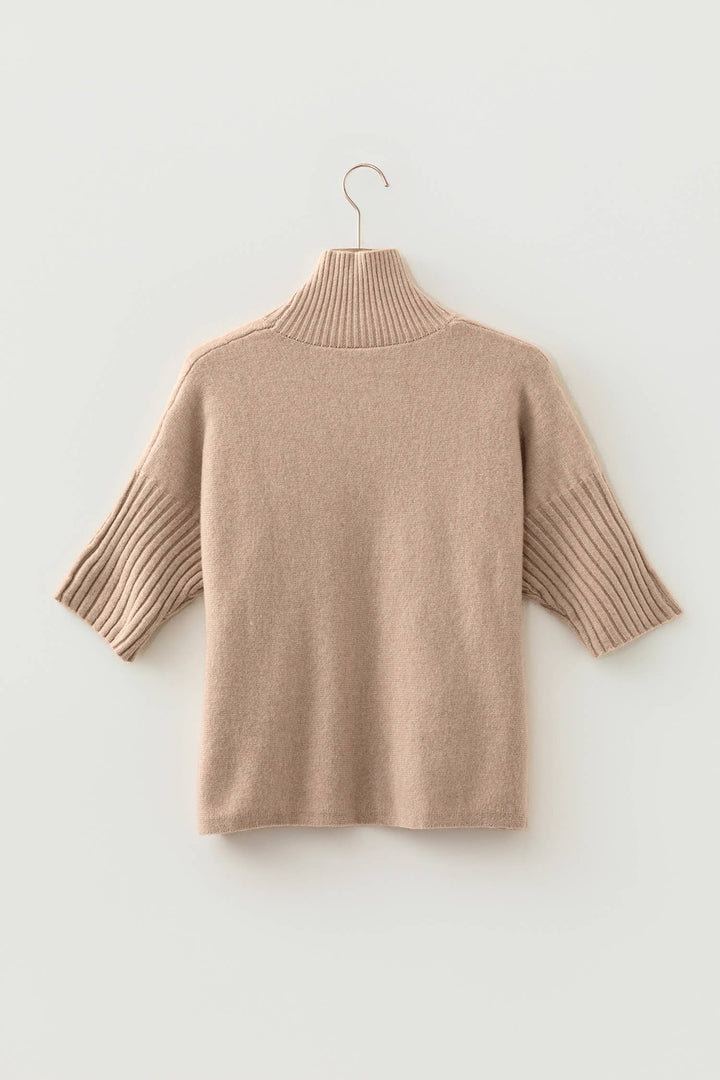 Tan  Ribbed High Neck Short Sleeve Sweater