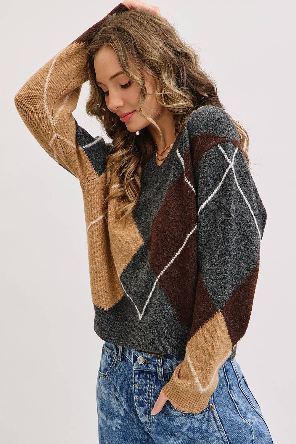 Charcoal Wine Camel  V-Neck Argyle Sweater