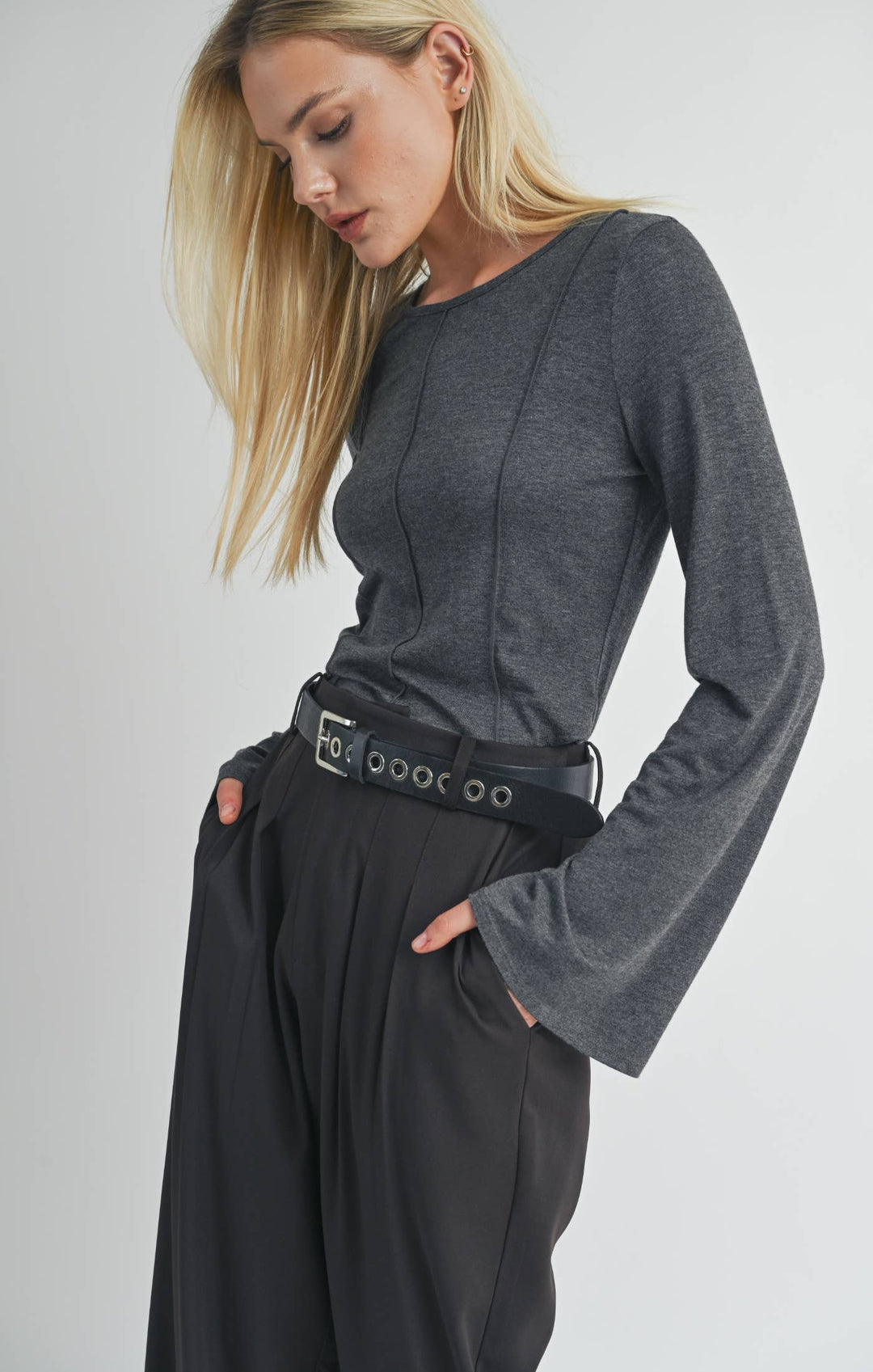 Charcoal Bell Sleeve Knit Top