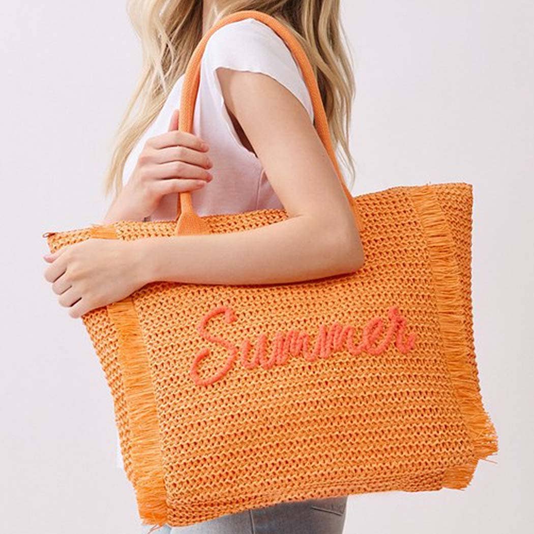 Woven Straw Fringe Tote With Summer Embroidery