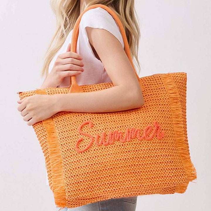 Woven Straw Fringe Tote With Summer Embroidery