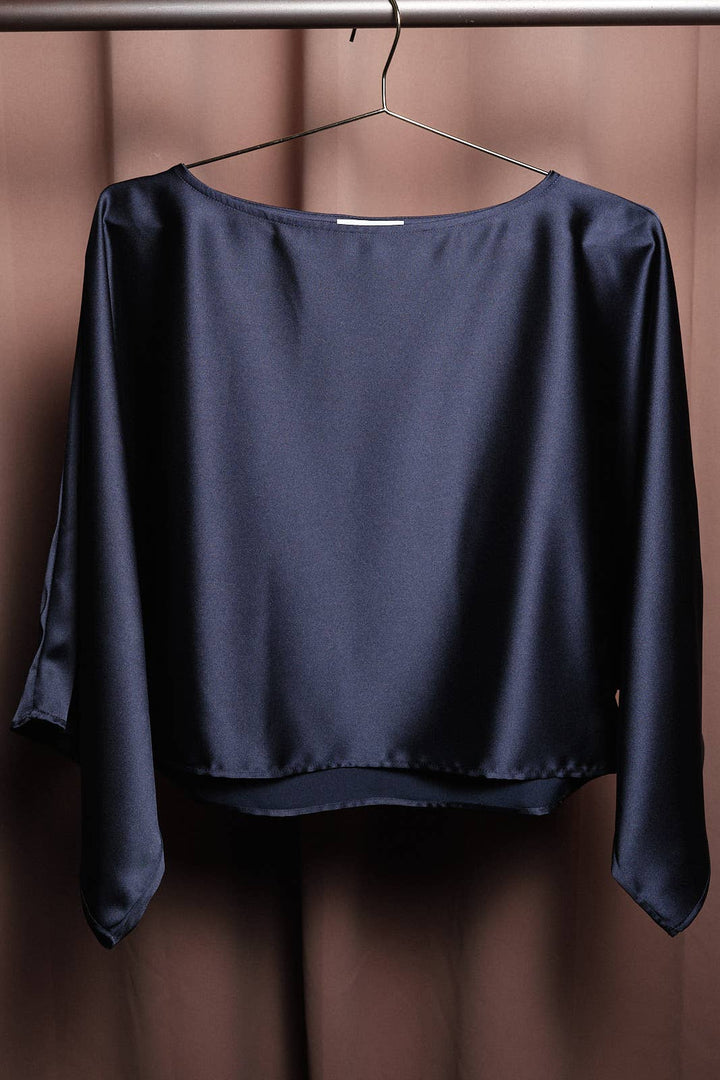 Ivory Satin Boat Neck 3/4 Sleeve Dolman Poncho Top