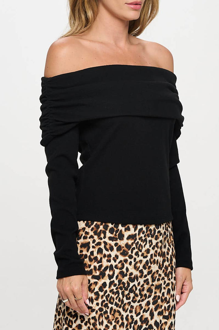 Black Rib Knit Off Shoulder Top
