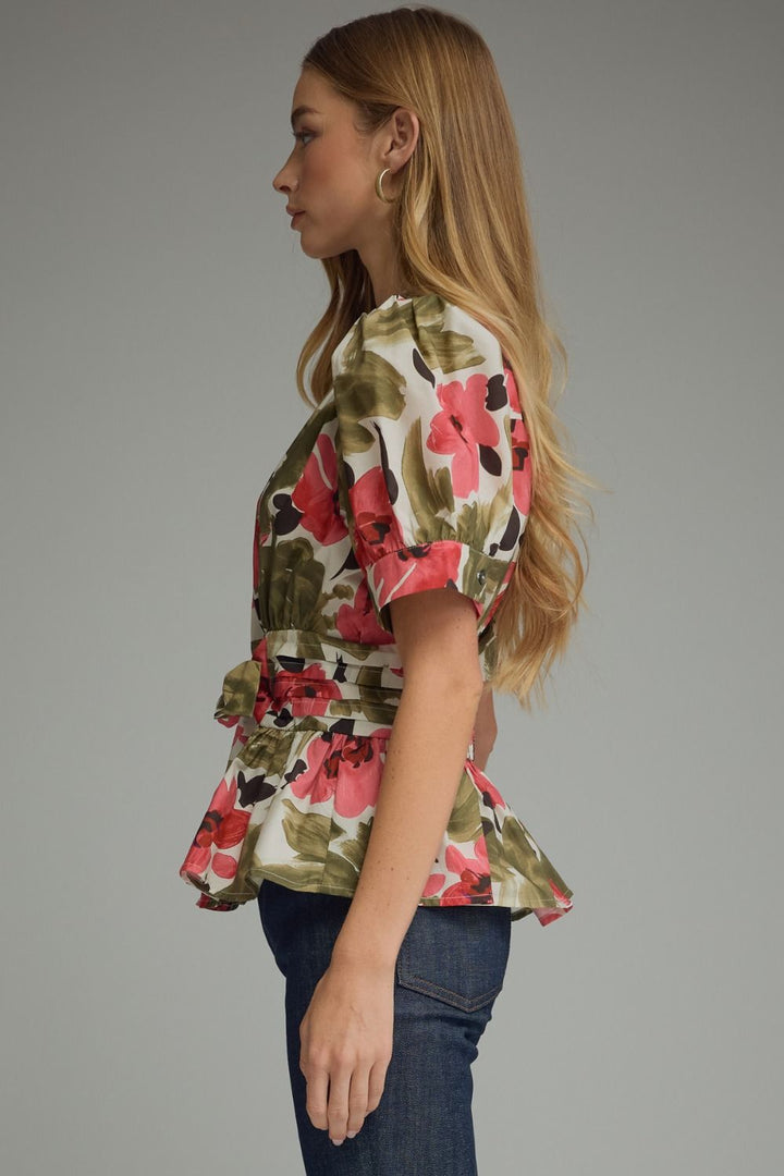 Fall Floral Top Olive Fuschia