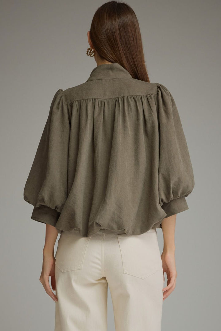 Olive High Collar Button Front Top