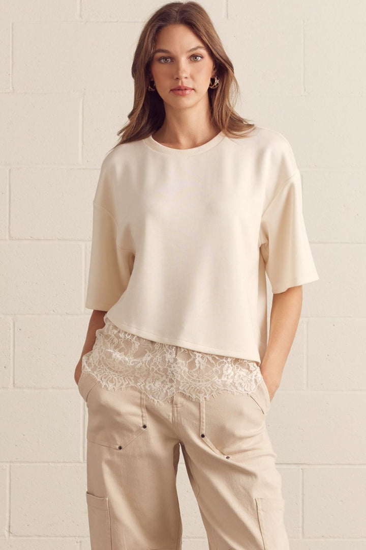 Ecru Short Sleeve Top with Lace Design