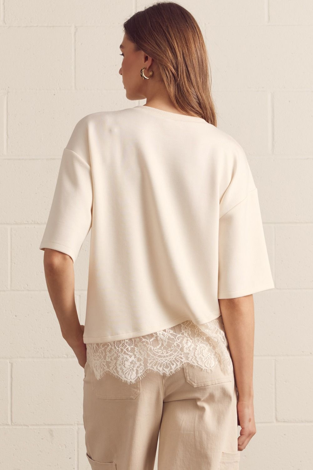 Ecru Short Sleeve Top with Lace Design