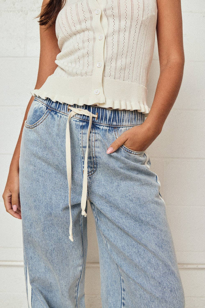 Double Stripe Wide Leg Denim Pants Relaxed Fit