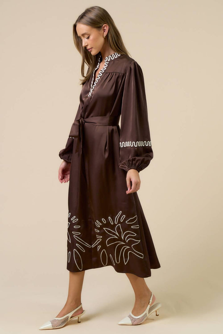 Brown Long Sleeve Embroidered Dress