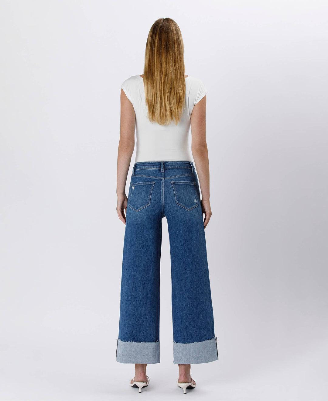 High Rise Cuffed Ankle Wide Leg Jeans