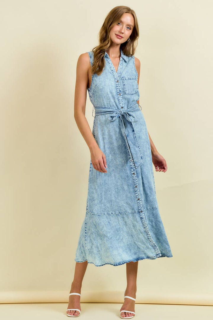 Denim Look Midi Dress with Tie Belt