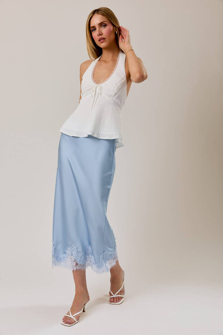 Sky Blue L ace Applique Satin Midi Skirt