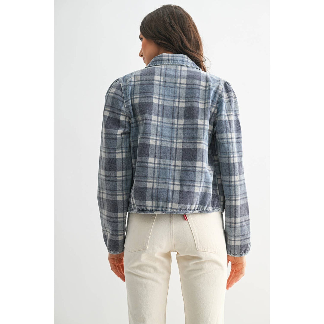 Blue Denim Plaid Button-Front Jacket