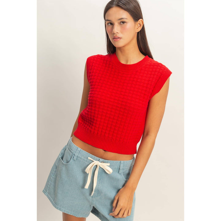Red Textured Sleeveless Knit Top