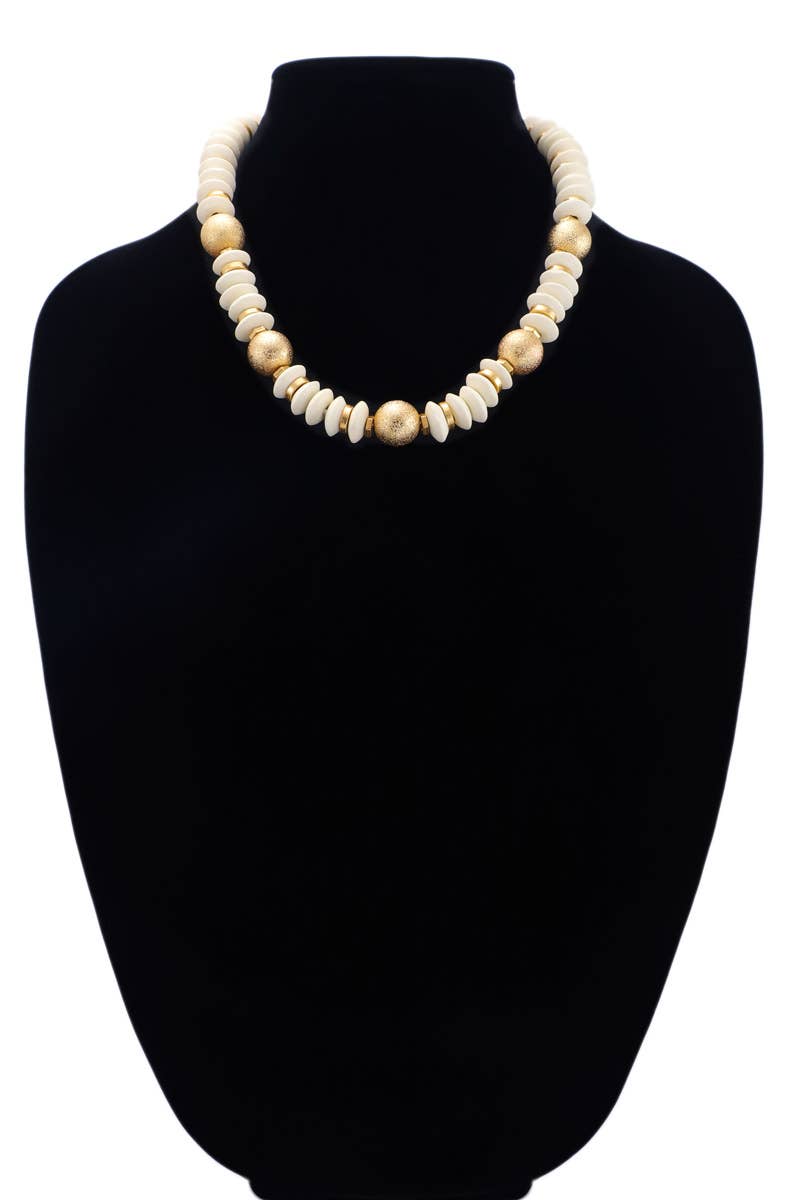 Metal & Wood Disk Bead Necklace