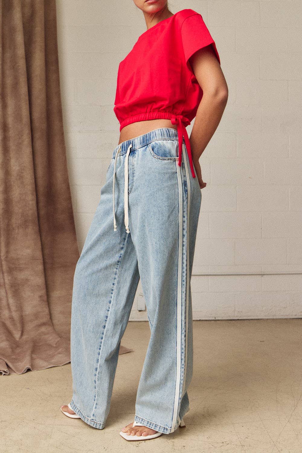 Double Stripe Wide Leg Denim Pants Relaxed Fit